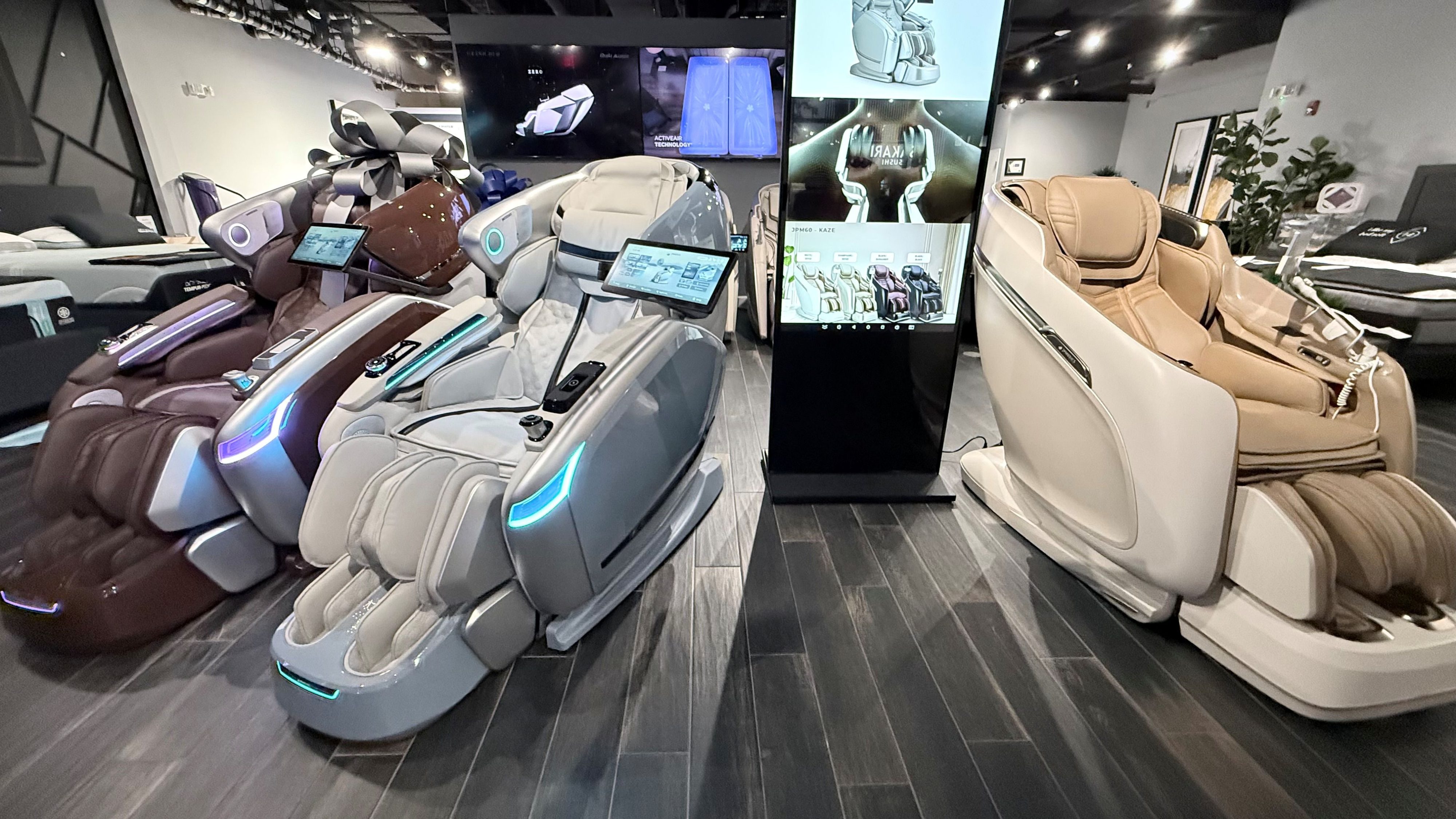 Orlando massage chairs in a store with led screens